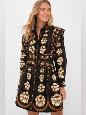 Farm Rio Topstitching Long Sleeve Mini Dress Black Embroidered Flower $298 NEW